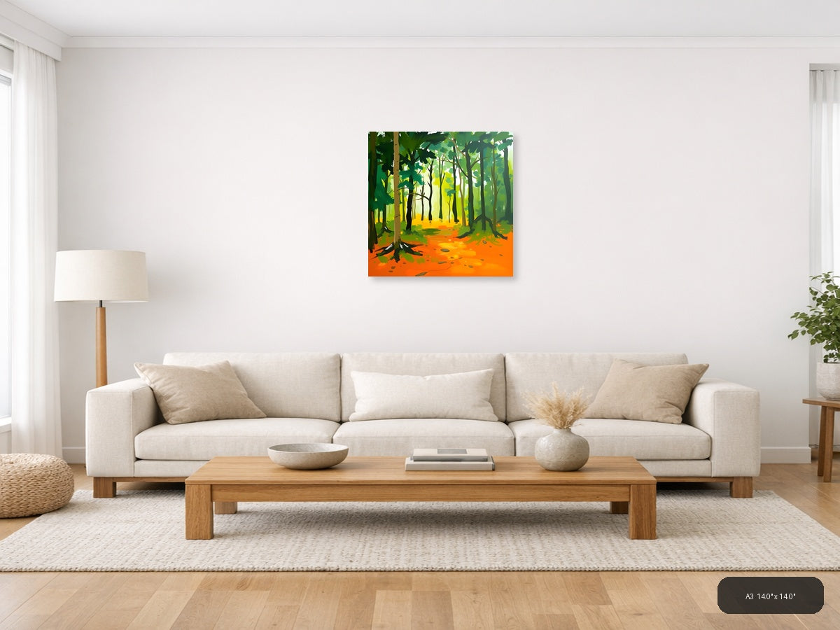 Abstract Forest Path Orange Floor Modern Wall Art — A3 / Living Room