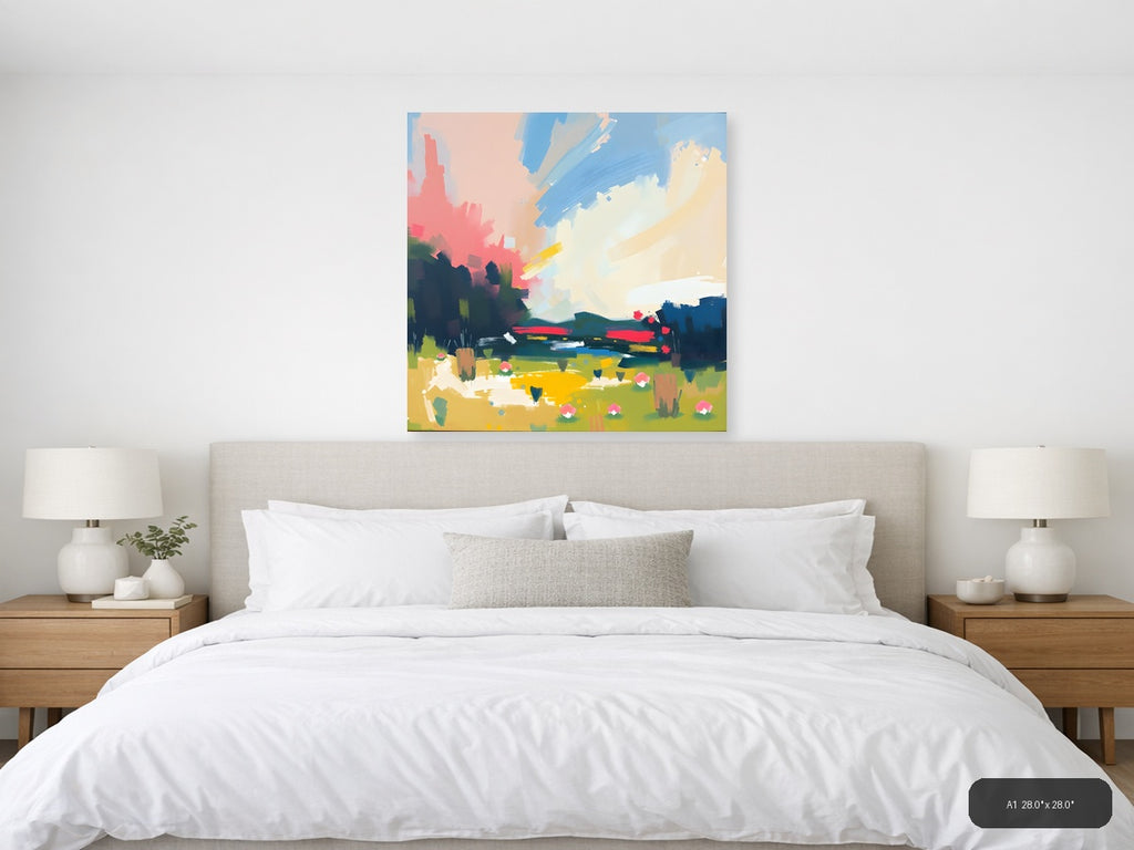 Abstract Landscape with Pink Sky & Green Fields Wall Art — A1 / Bedroom
