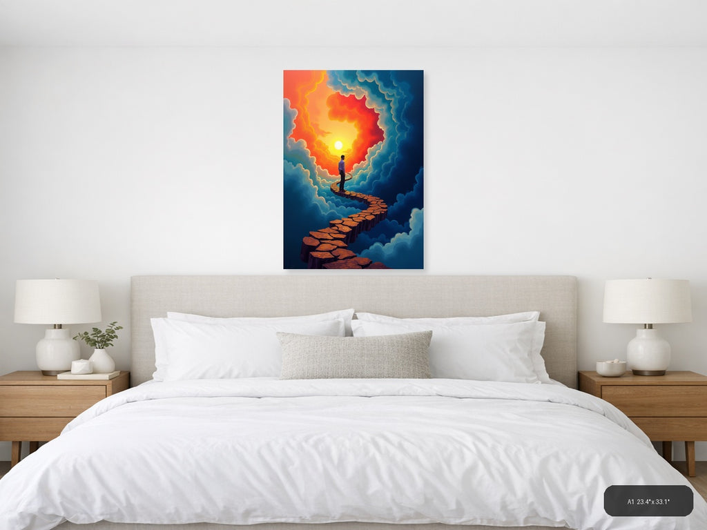 Man on Stone Path to Sunset Cloud Portal Wall Art — A1 / Bedroom