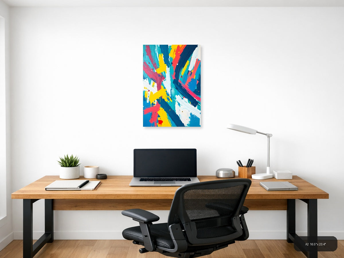 Vibrant Abstract Brush Strokes in Blue, Yellow & Red Wall Art — A2 / Office