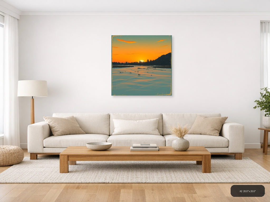 Vintage Sunset Over Frozen Lake - Landscape Wall Art — A2 / Living Room