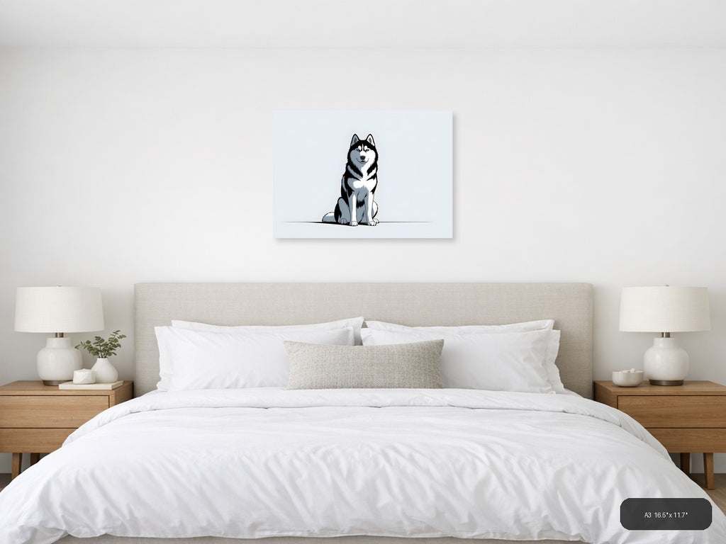 Siberian Husky Portrait - Minimalist Black & White Wall Art — A3 / Bedroom