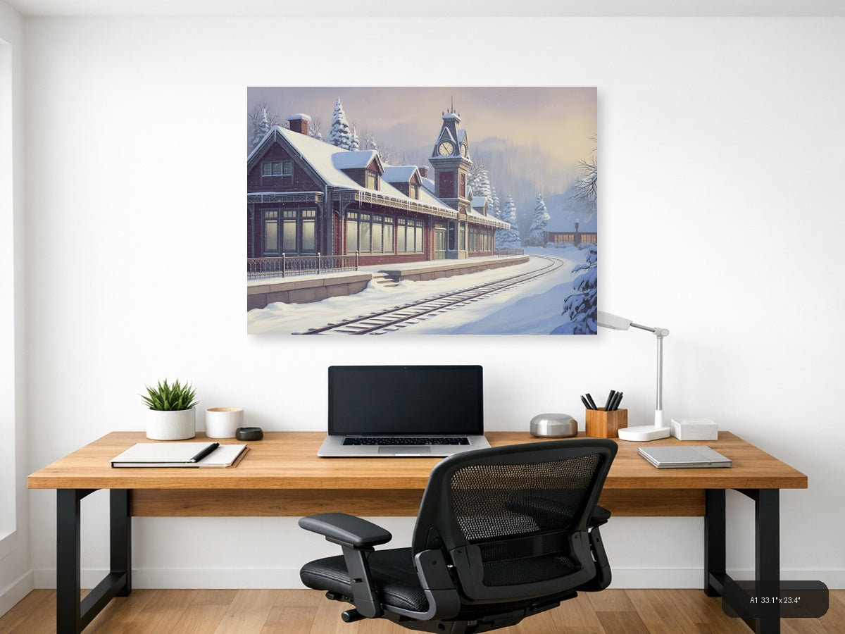 Vintage Snow-Covered Railway Station Clock Tower Wall Art — A1 / Office