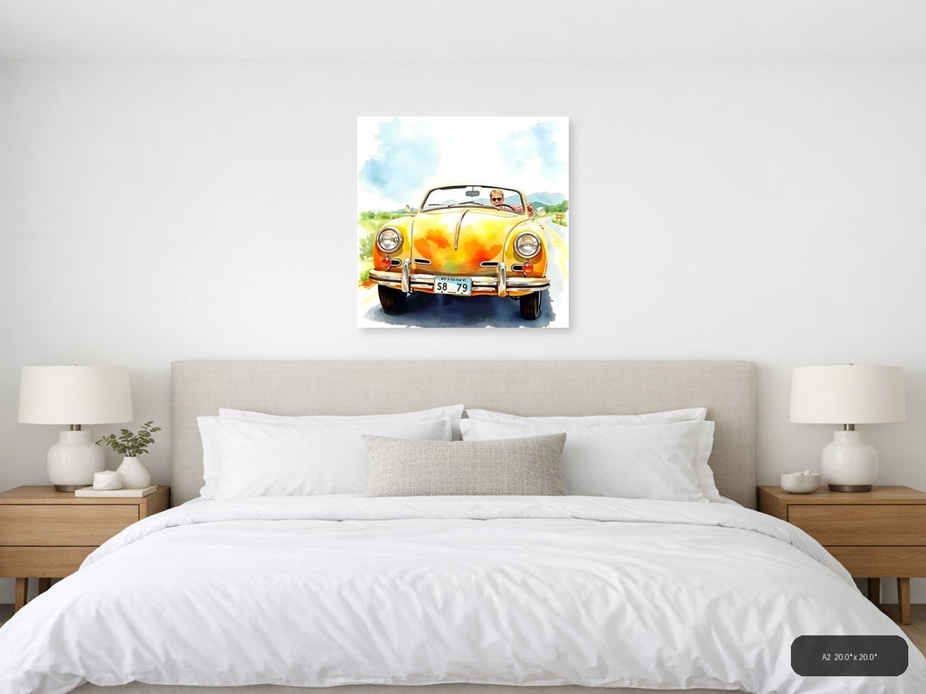 Yellow Convertible Car Watercolor Painting Wall Art — A2 / Bedroom