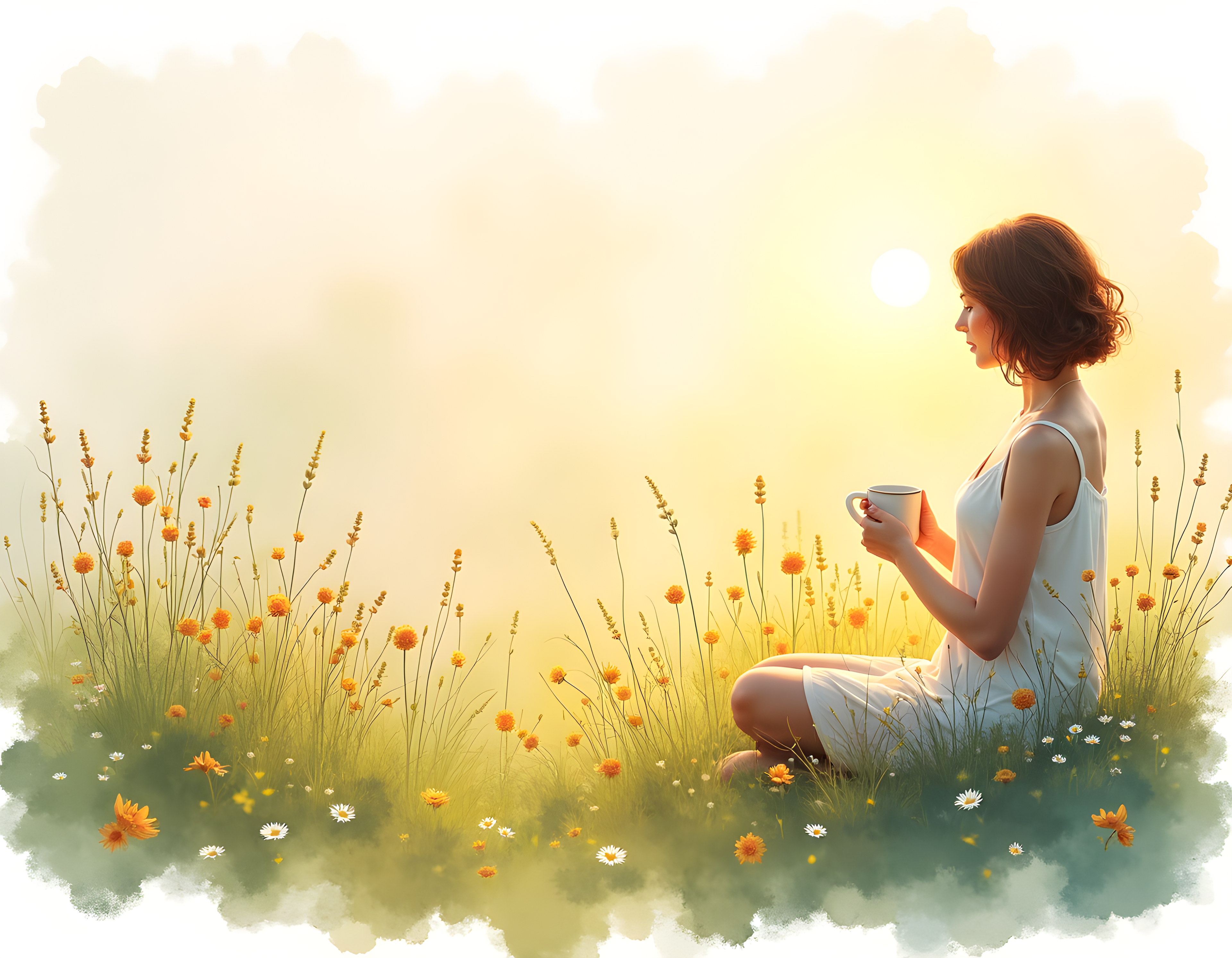 Woman in Wildflower Field at Sunrise Watercolor Wall Art