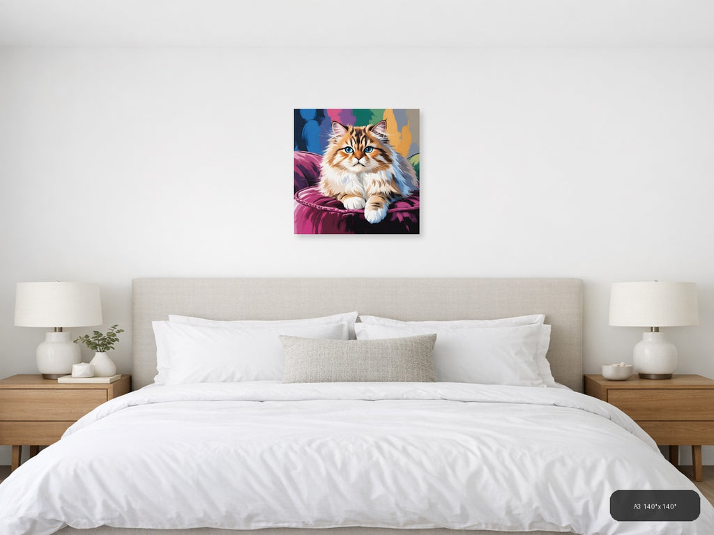 Fluffy Cat with Blue Eyes Abstract Colorful Wall Art — A3 / Bedroom