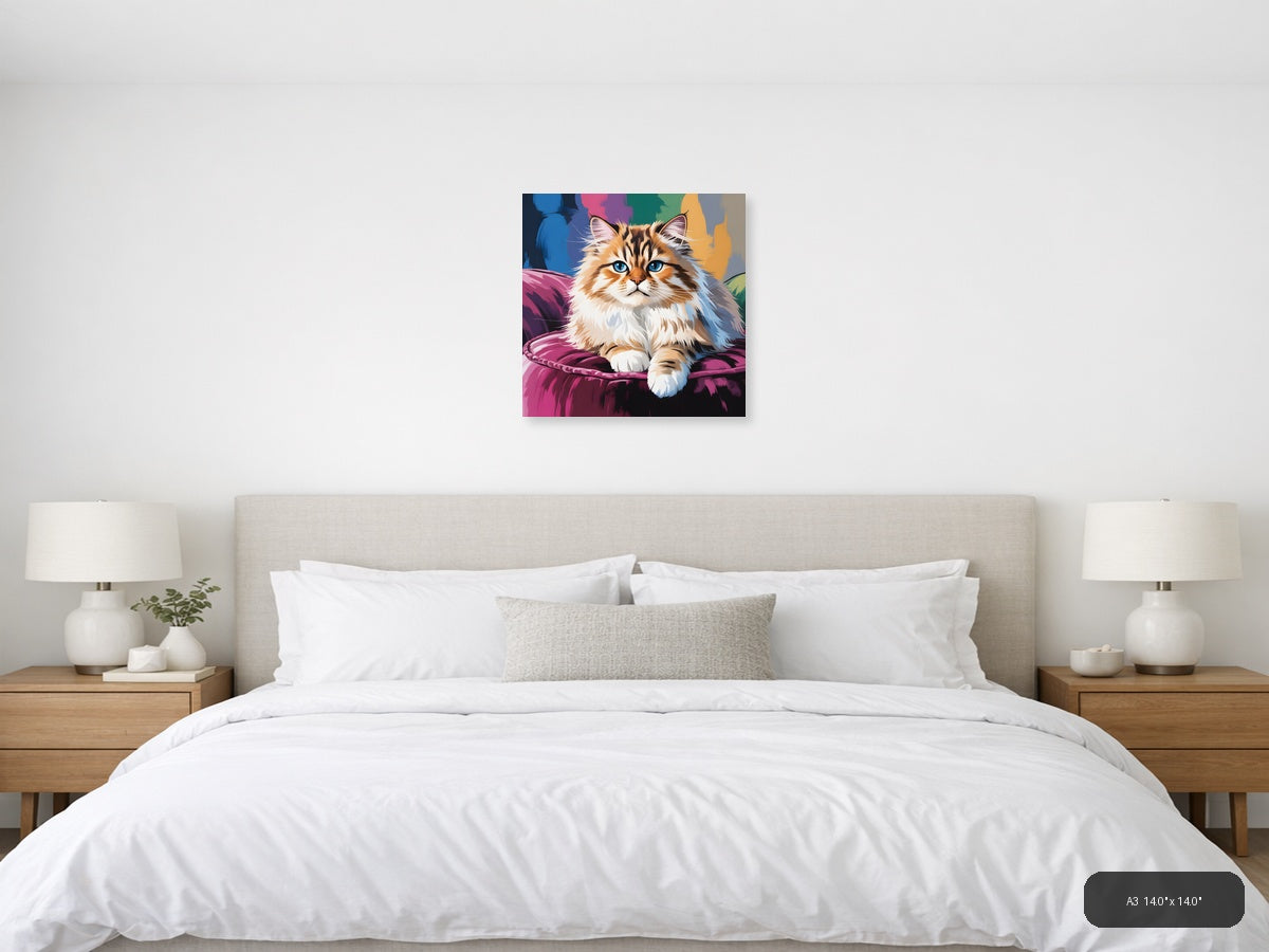 Fluffy Cat with Blue Eyes Abstract Colorful Wall Art — A3 / Bedroom