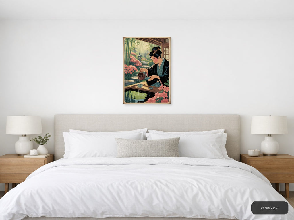 Japanese Woman Pouring Tea in Garden - Vintage Wall Art — A2 / Bedroom