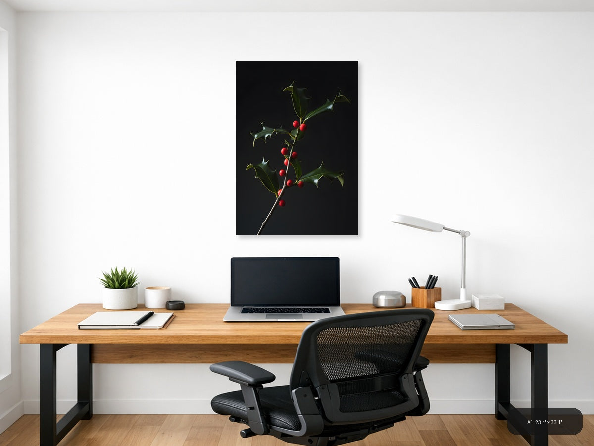 Holly Branch with Red Berries | Fine Art Photography Wall Art — A1 / Office