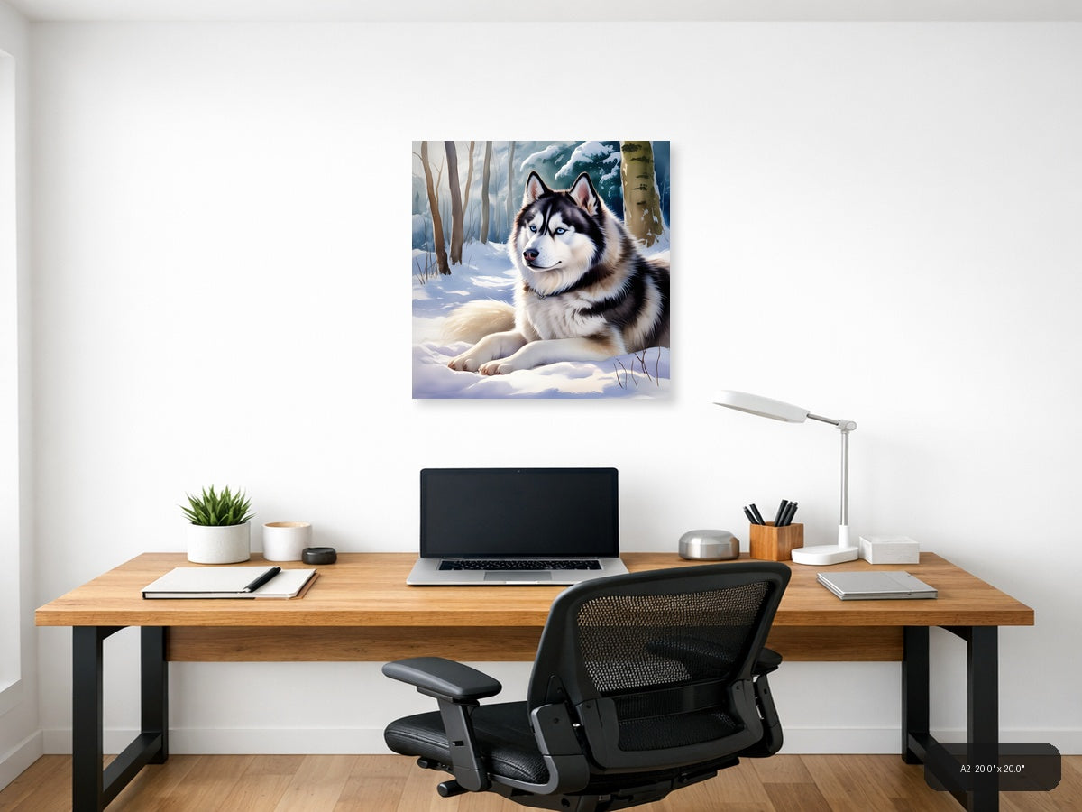 Husky in Winter Forest - Watercolor Wall Art — A2 / Office