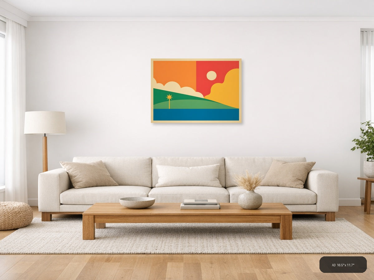 Vintage Sunset Landscape with Palm Tree Wall Art — A3 / Living Room