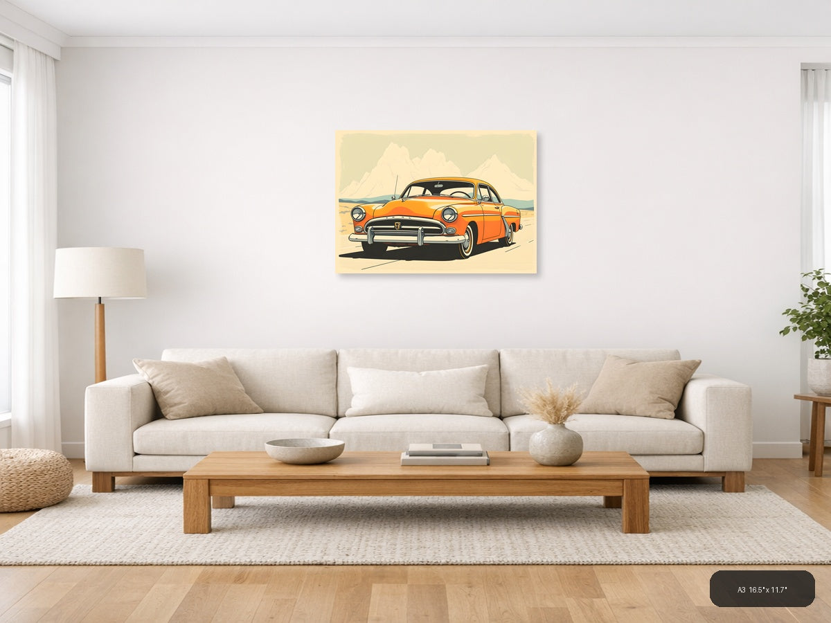 Orange Vintage Car Desert Mountain Landscape Wall Art — A3 / Living Room