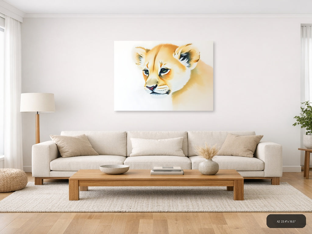 Young Lion Cub Watercolor Portrait Wall Art — A2 / Living Room