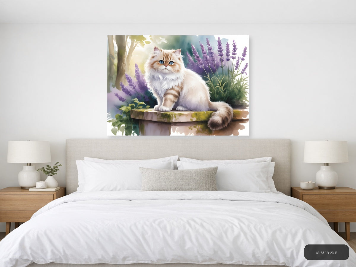 Fluffy Cat with Blue Eyes in Lavender Garden Watercolor Wall Art — A1 / Bedroom