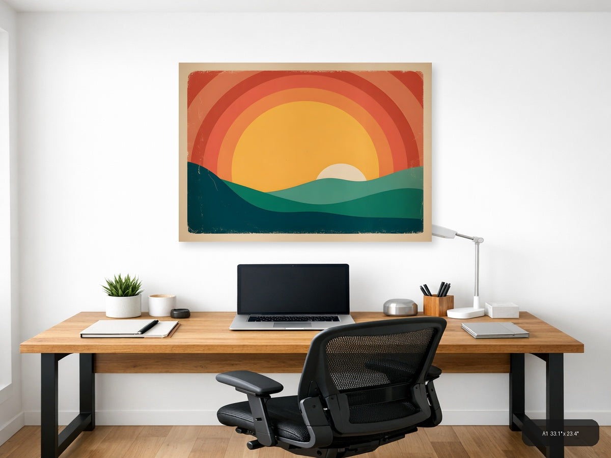 Vintage Retro Sunset Landscape Illustration Wall Art — A1 / Office