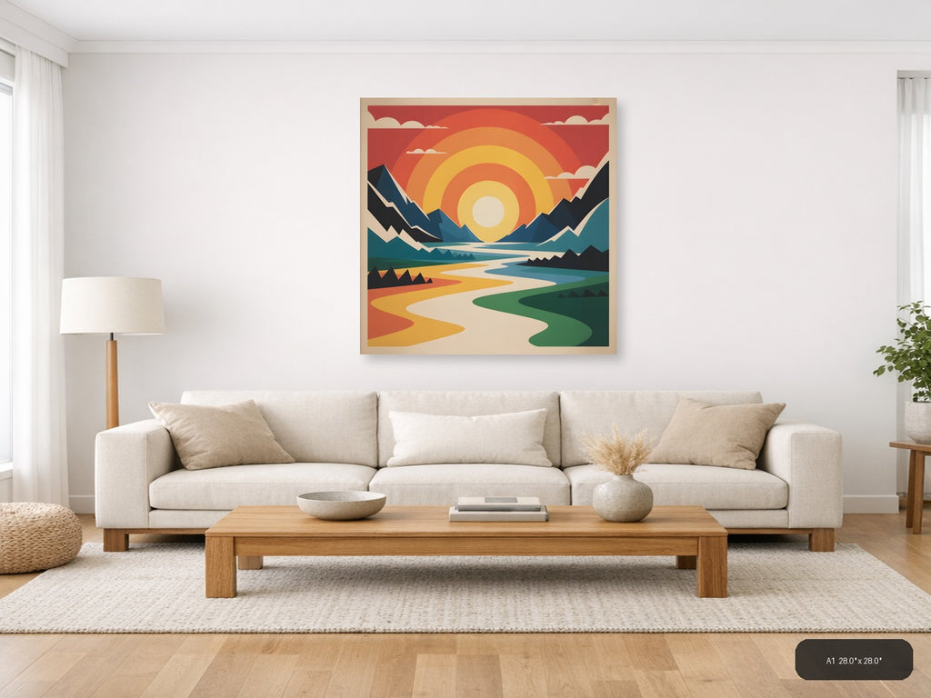 Vintage Sunset Mountain River Landscape Wall Art — A1 / Living Room