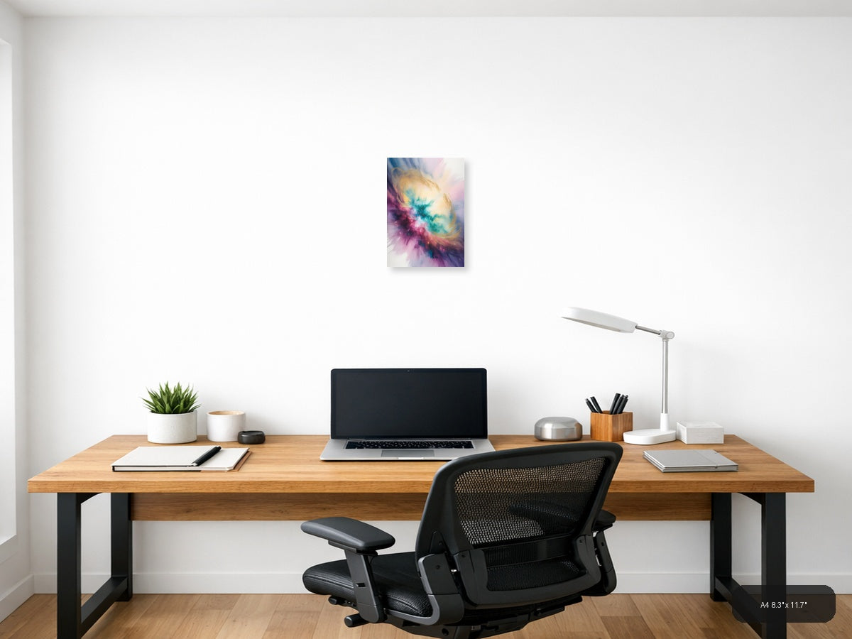 Cosmic Watercolor Nebula in Pink and Teal Wall Art — A4 / Office