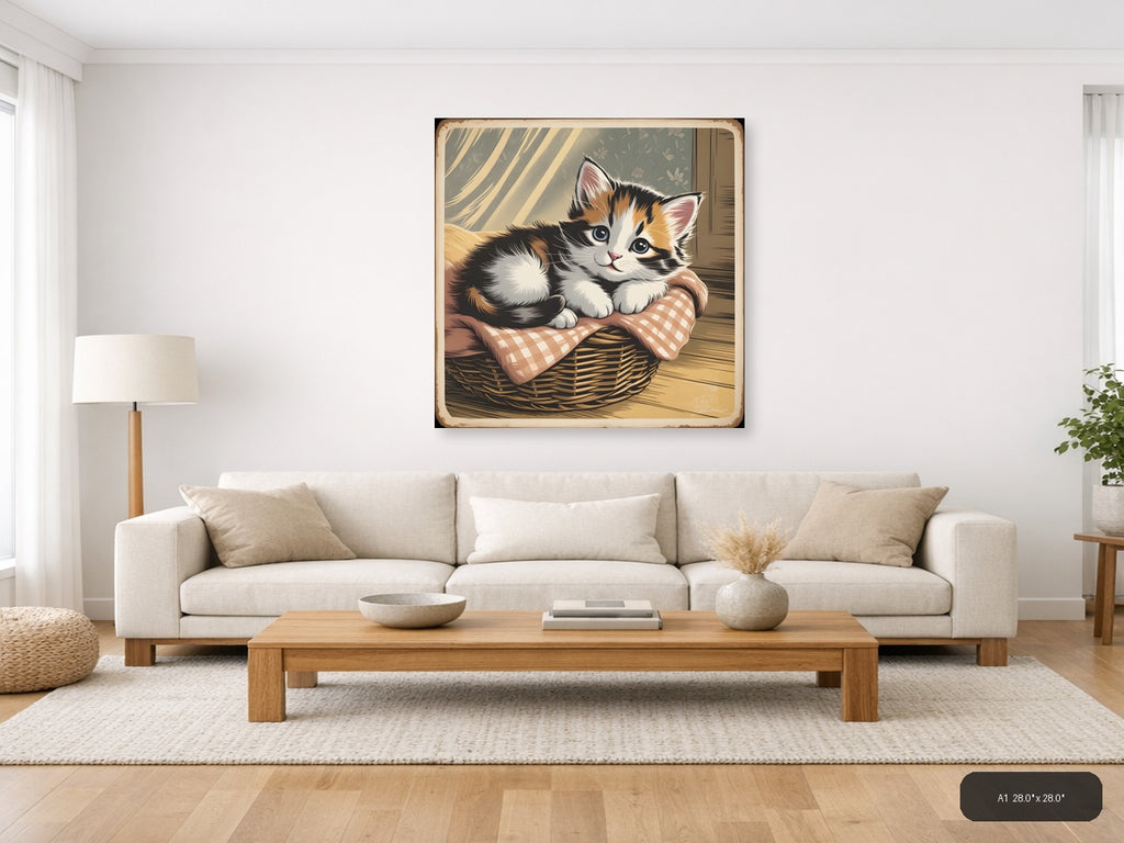 Vintage Calico Kitten in Basket - Square Wall Art — A1 / Living Room
