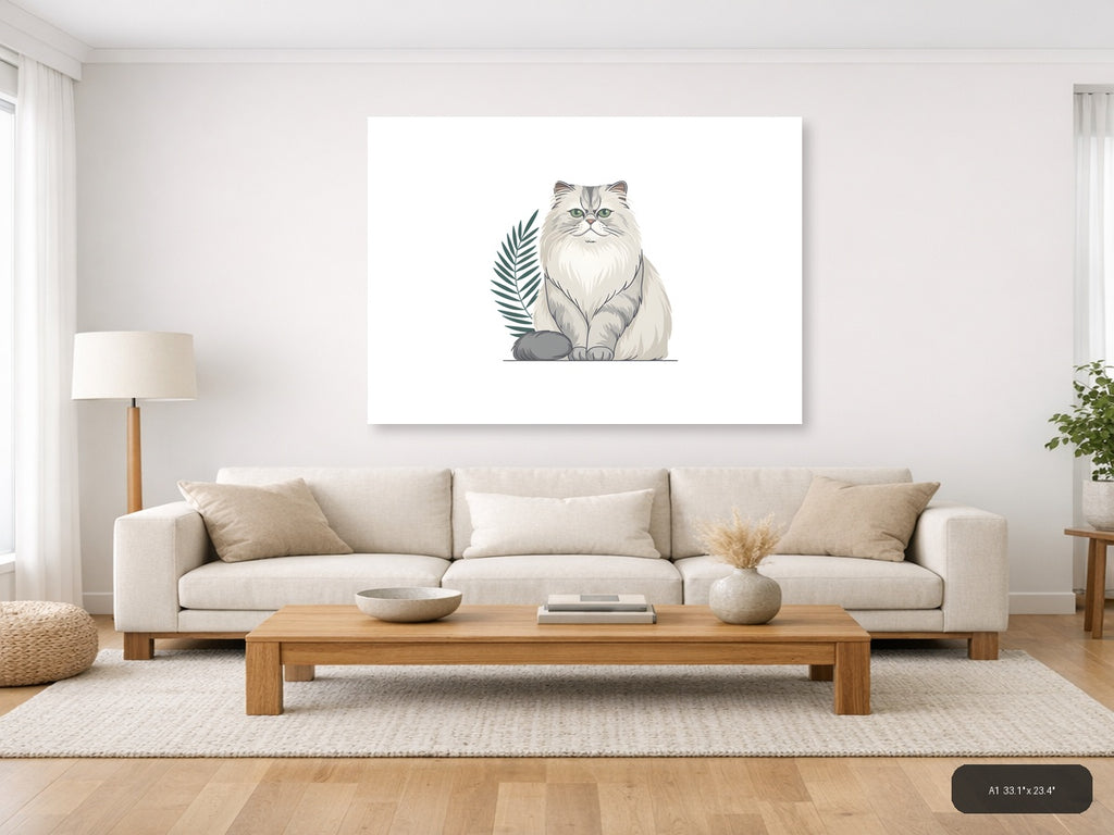 Fluffy White Cat with Plant Minimalist Wall Art — A1 / Living Room