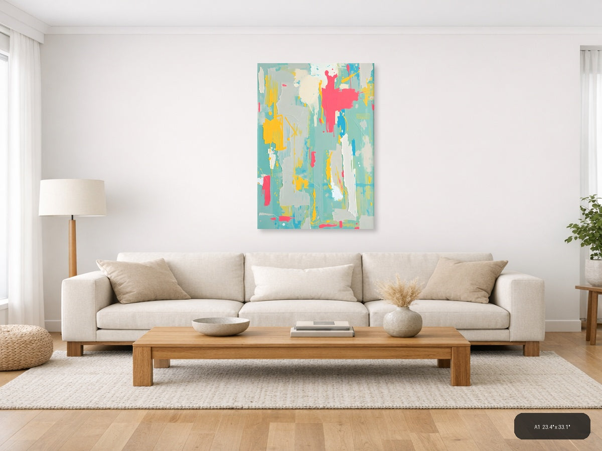 Vibrant Abstract Splatter Turquoise Yellow Pink Wall Art — A1 / Living Room