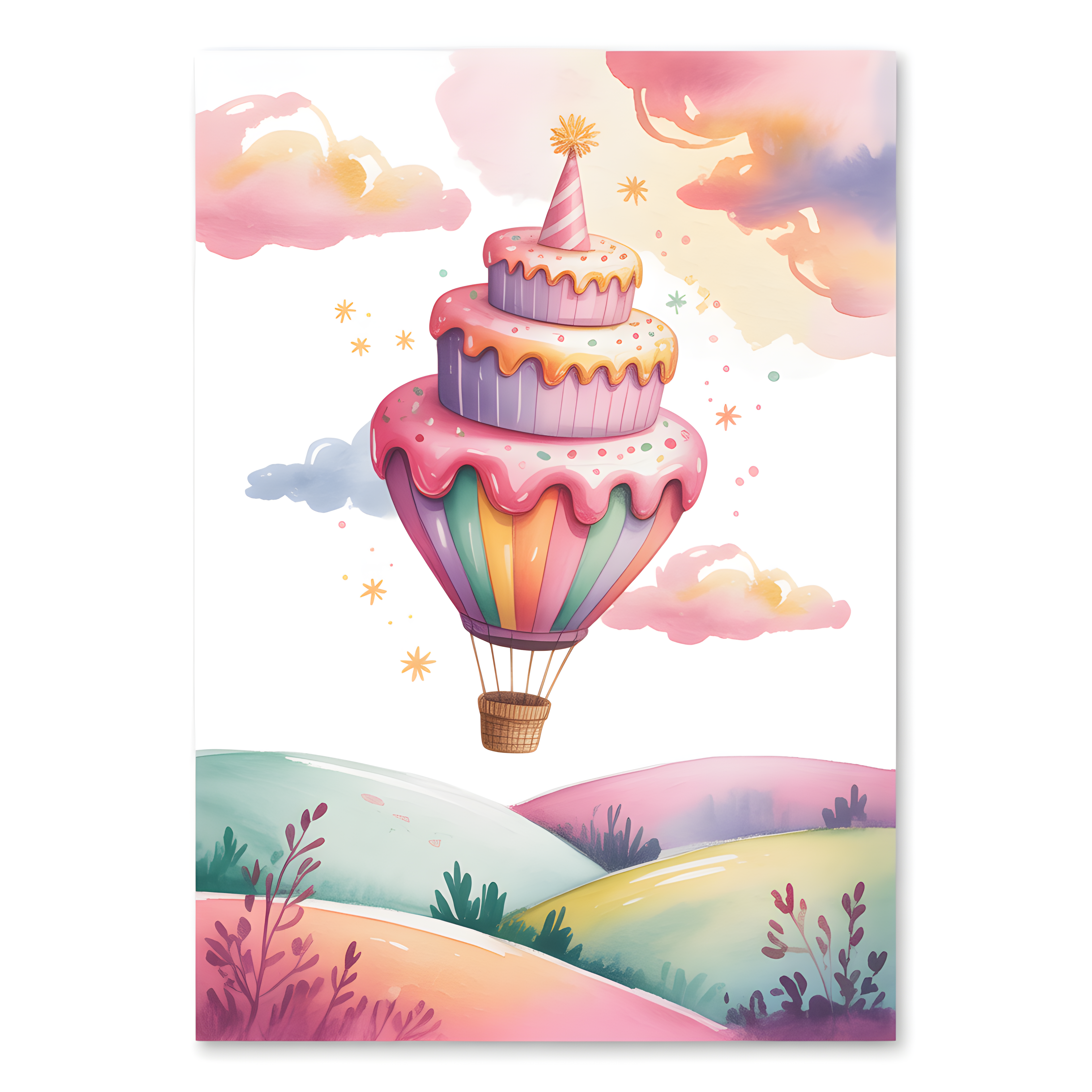 Hot Air Balloon Cake Cloud Watercolor Wall Art