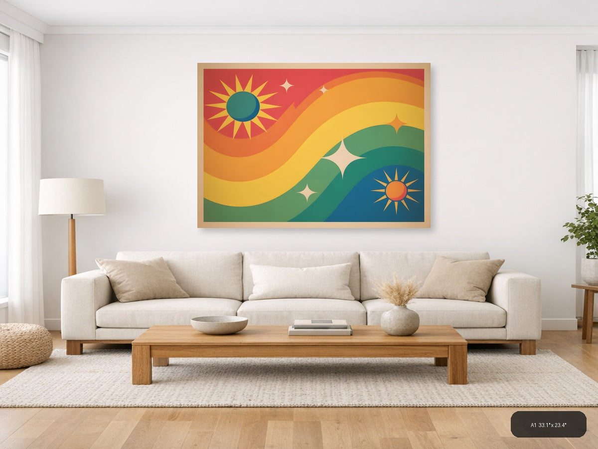Vintage Sunset Landscape with Suns & Stars Wall Art — A1 / Living Room