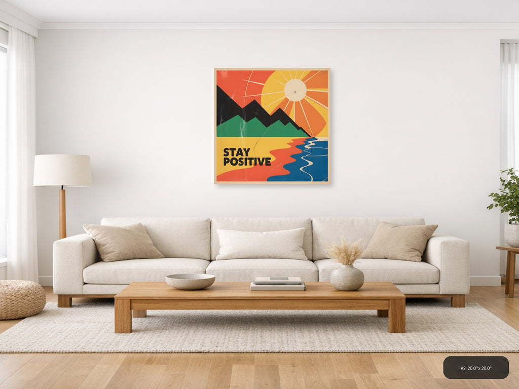 Vintage Retro Landscape with Sun and Mountains Wall Art — A2 / Living Room
