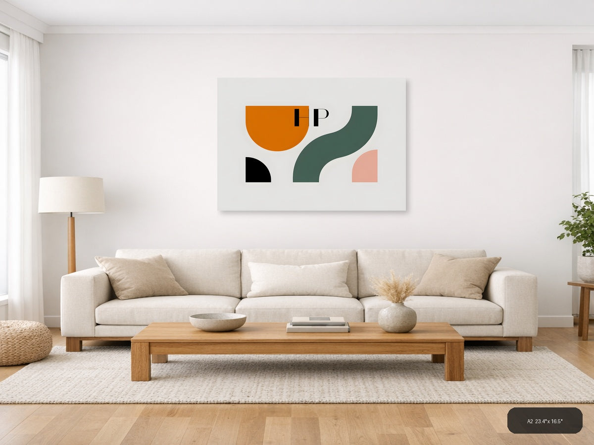 Minimalist Abstract Shapes in Orange, Teal & Pink Wall Art — A2 / Living Room