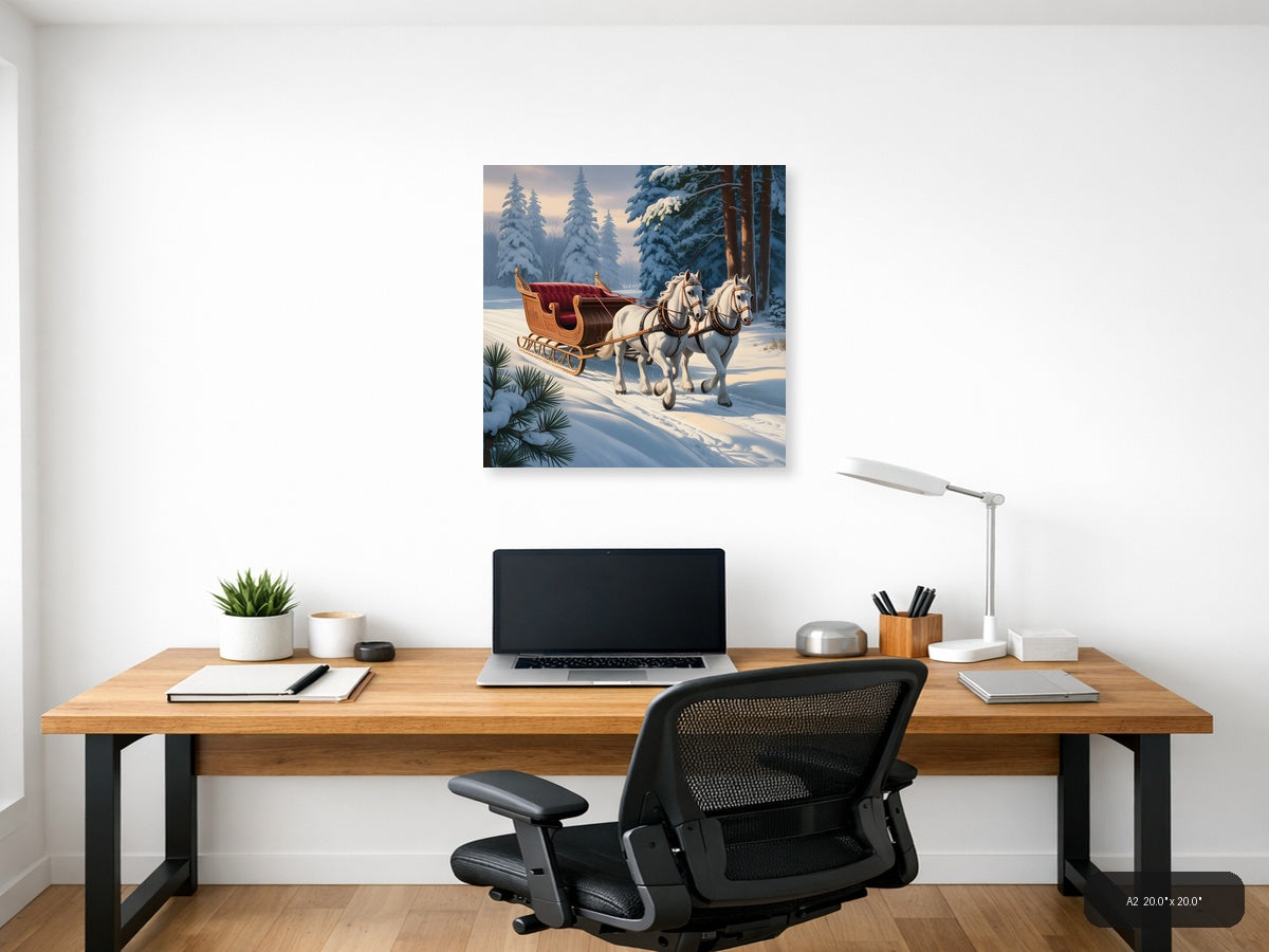 Vintage Winter Sleigh with White Horses Wall Art — A2 / Office