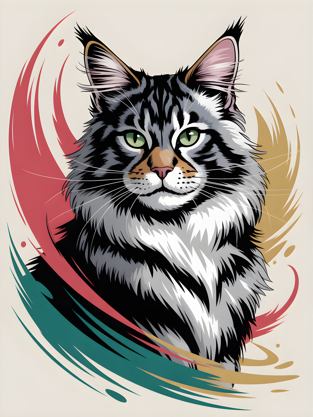 Abstract Tabby Cat Portrait with Colorful Swirls Wall Art