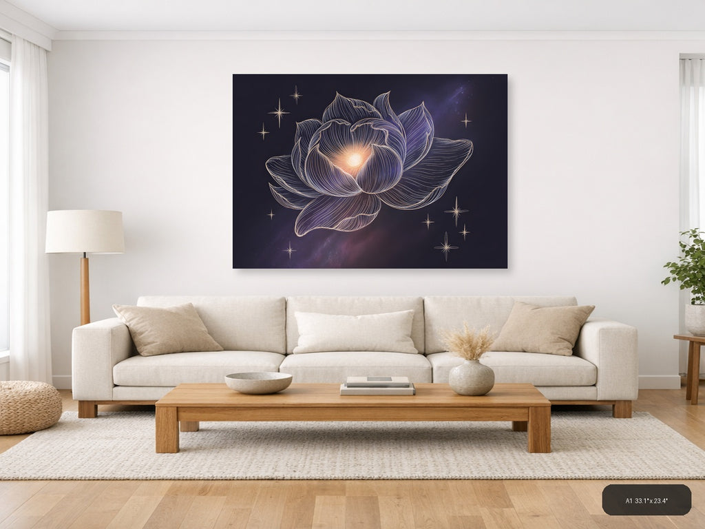 Glowing Lotus Flower Line Art With Stars Wall Art — A1 / Living Room