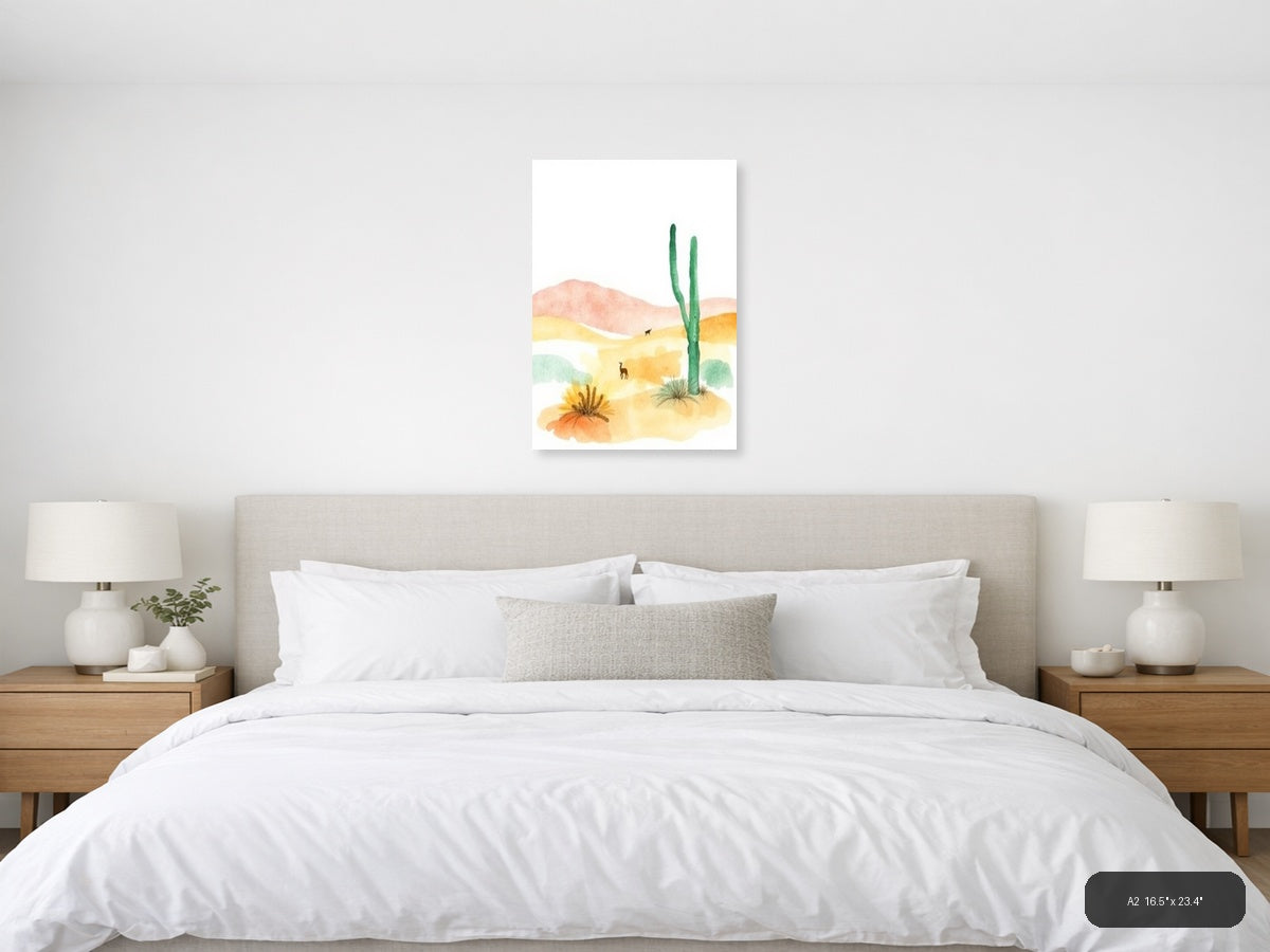 Desert Landscape with Cactus Watercolor Wall Art — A2 / Bedroom
