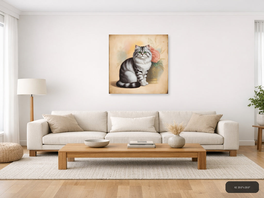 Vintage Grey Tabby Cat with Pink Roses Wall Art — A2 / Living Room