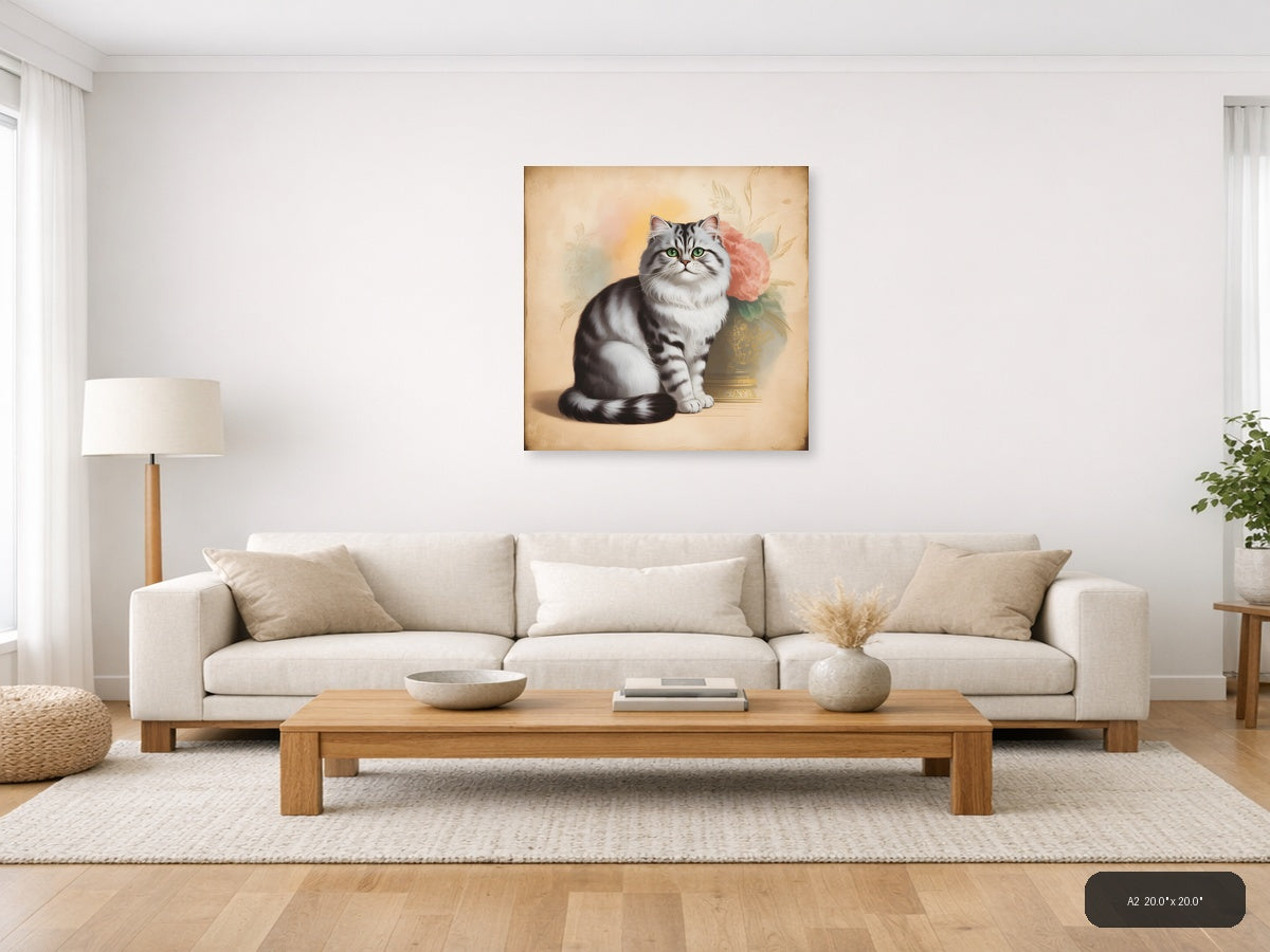 Vintage Grey Tabby Cat with Pink Roses Wall Art — A2 / Living Room