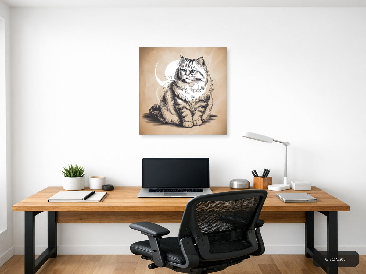 Fluffy Long-Haired Cat with Blue Eyes Line Art Wall Art — A2 / Office