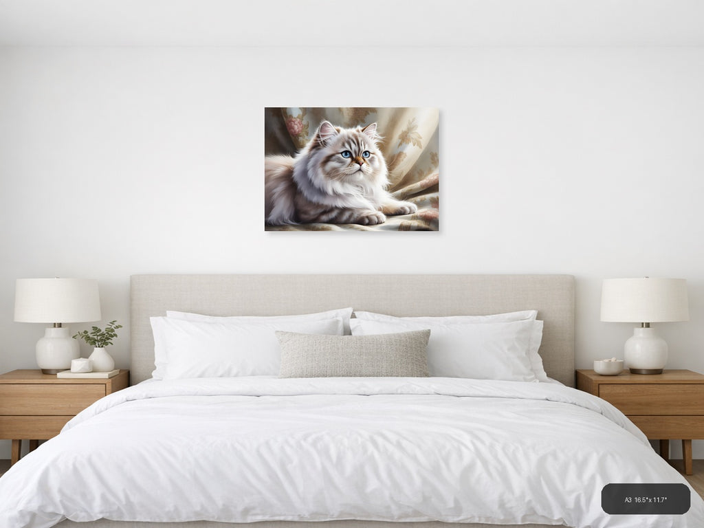 White Persian Cat with Blue Eyes Watercolor Wall Art — A3 / Bedroom