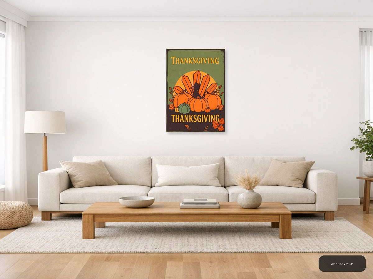 Vintage Thanksgiving Turkey & Pumpkins Harvest Wall Art — A2 / Living Room