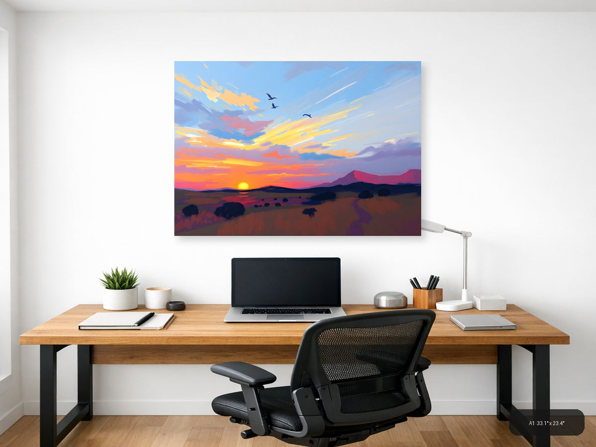 Abstract Sunset Landscape with Birds - Canvas Wall Art — A1 / Office