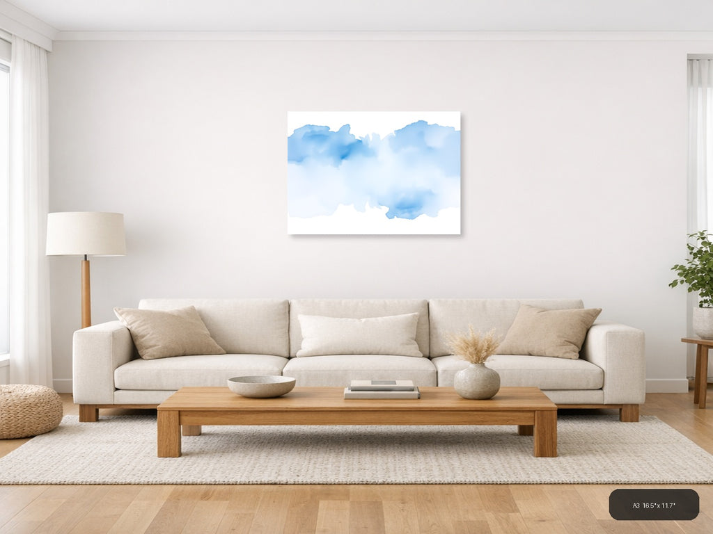 Abstract Blue Watercolor Clouds Landscape Wall Art — A3 / Living Room