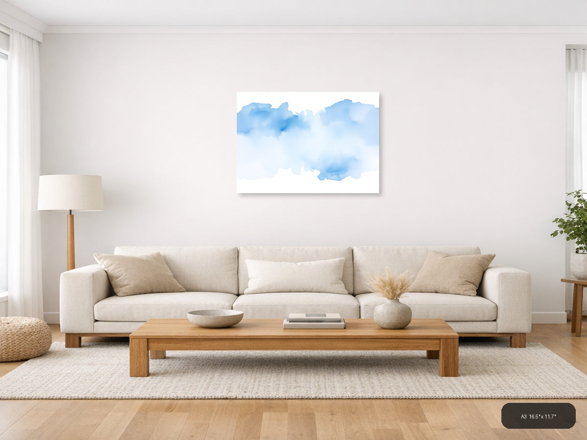 Abstract Blue Watercolor Clouds Landscape Wall Art — A3 / Living Room