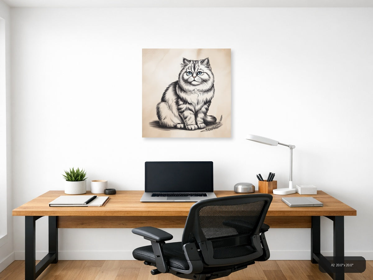 Fluffy Cat with Blue Eyes Line Art Wall Art — A2 / Office