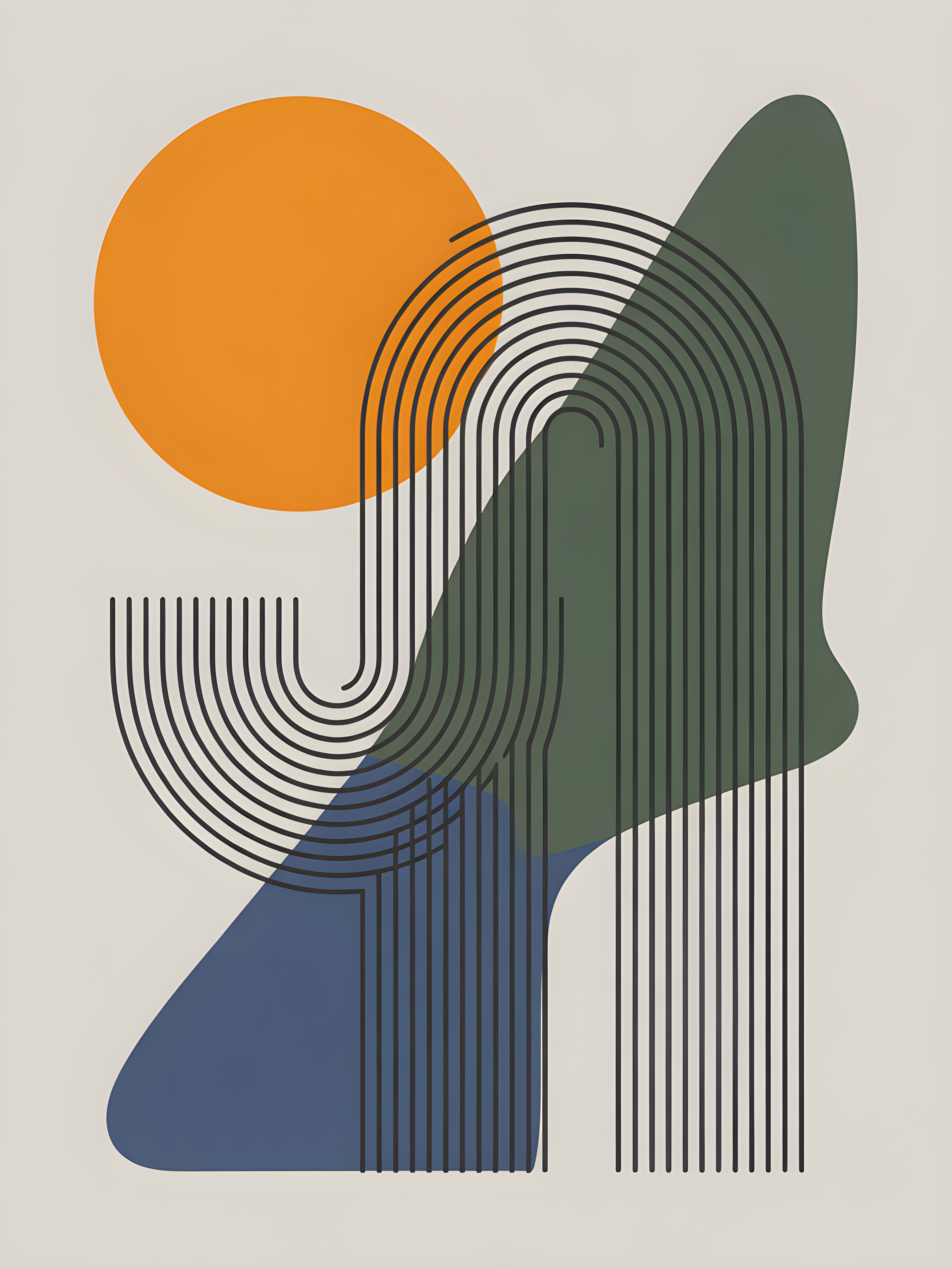 Abstract Line Art Portrait with Orange Sun Wall Art
