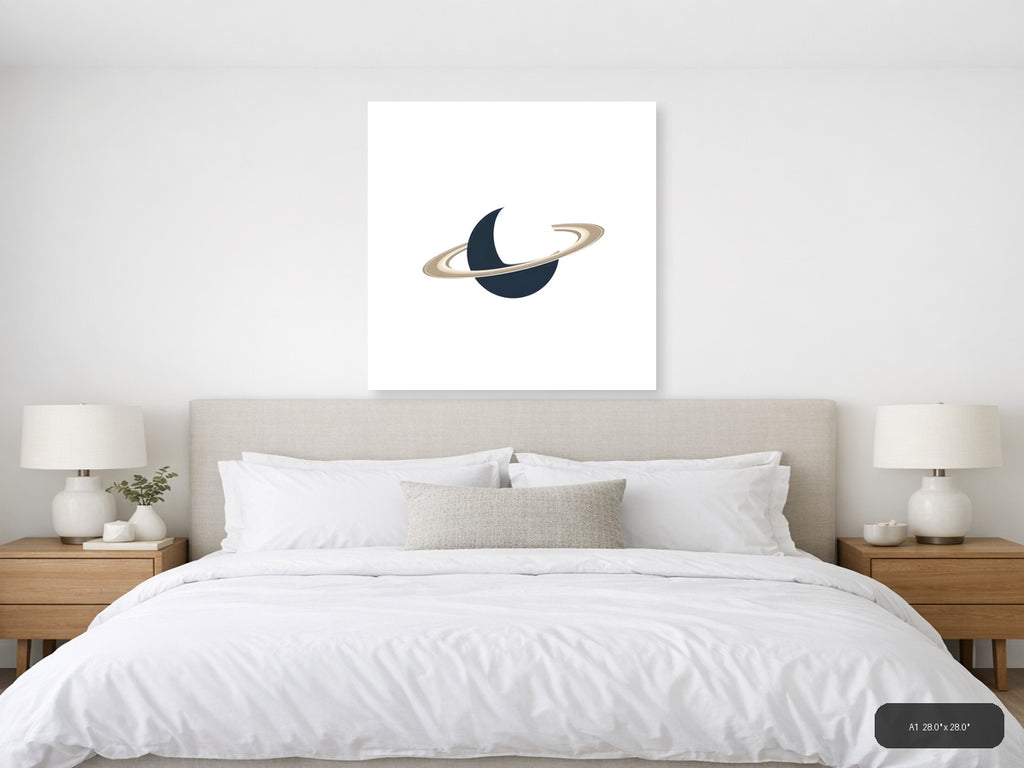 Minimalist Planet with Rings Dark Blue Wall Art — A1 / Bedroom