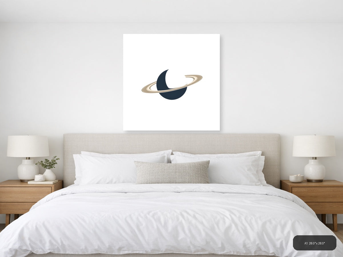 Minimalist Planet with Rings Dark Blue Wall Art — A1 / Bedroom