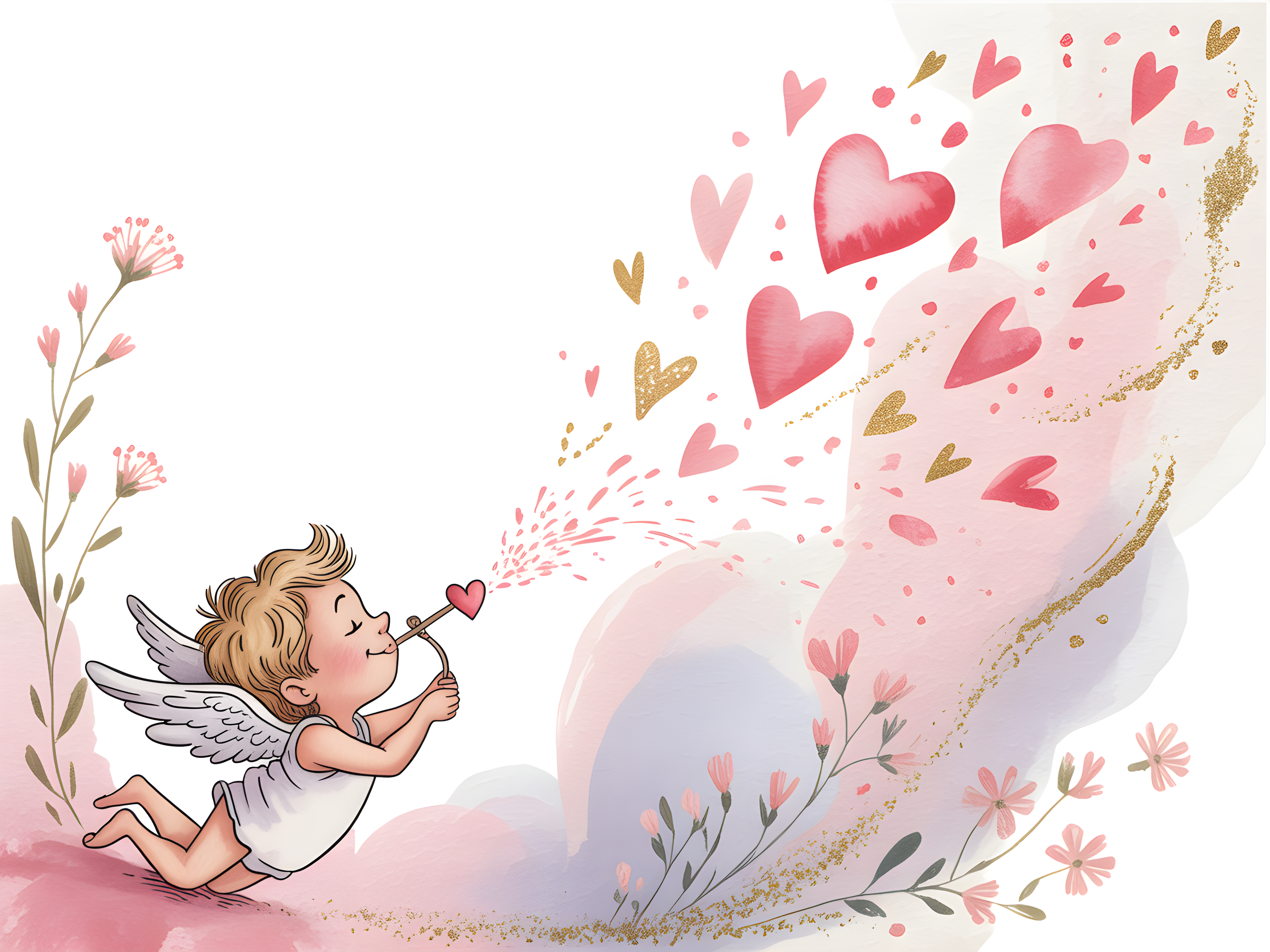 Cupid Blowing Hearts Watercolor Landscape Wall Art