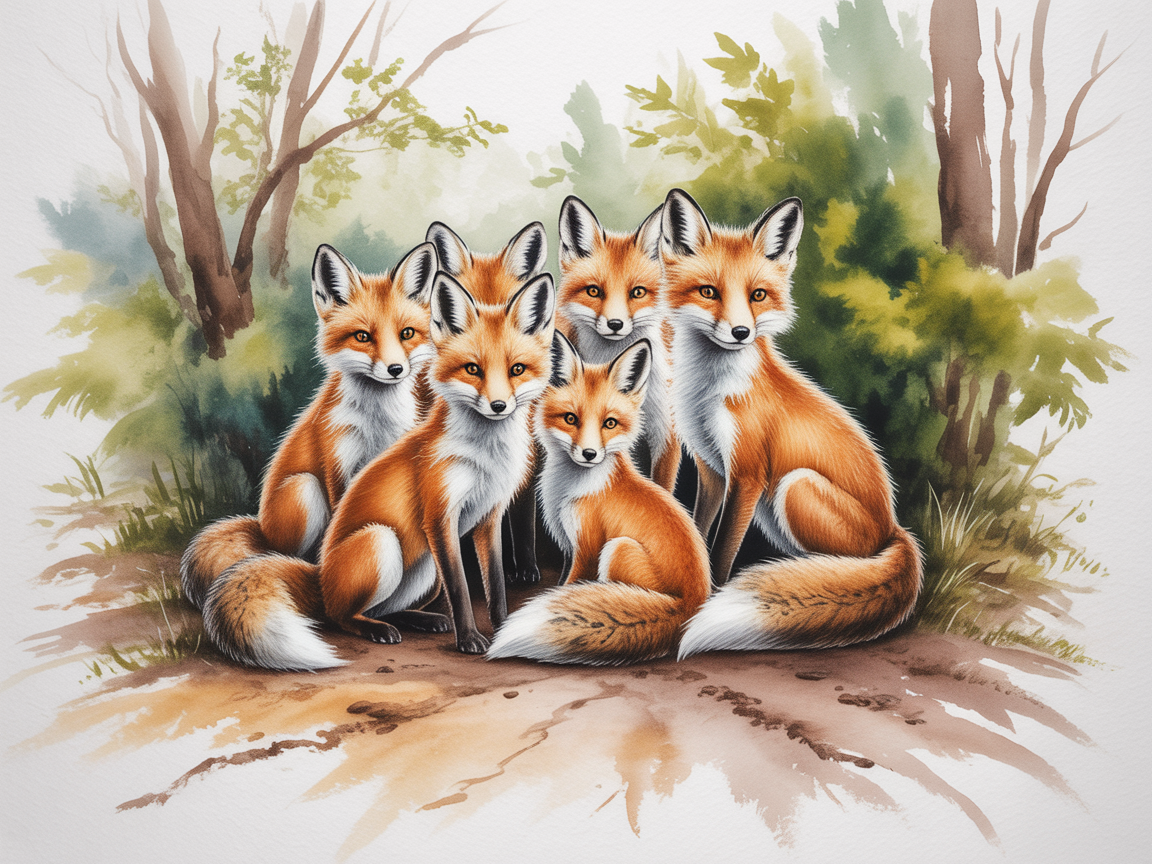 Fox Family Forest Watercolor Landscape Wall Art