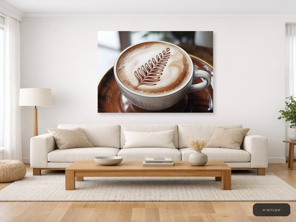 Latte Art Fern Leaf Line Art Coffee Wall Art — A1 / Living Room