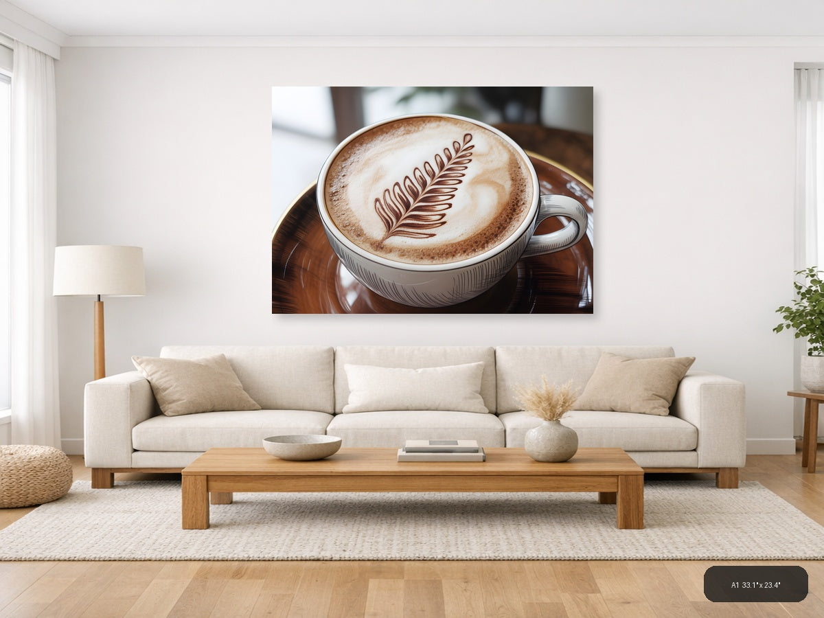 Latte Art Fern Leaf Line Art Coffee Wall Art — A1 / Living Room