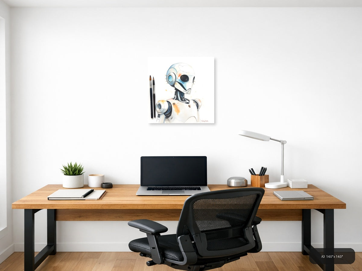 Futuristic Robot Portrait Watercolor Wall Art — A3 / Office