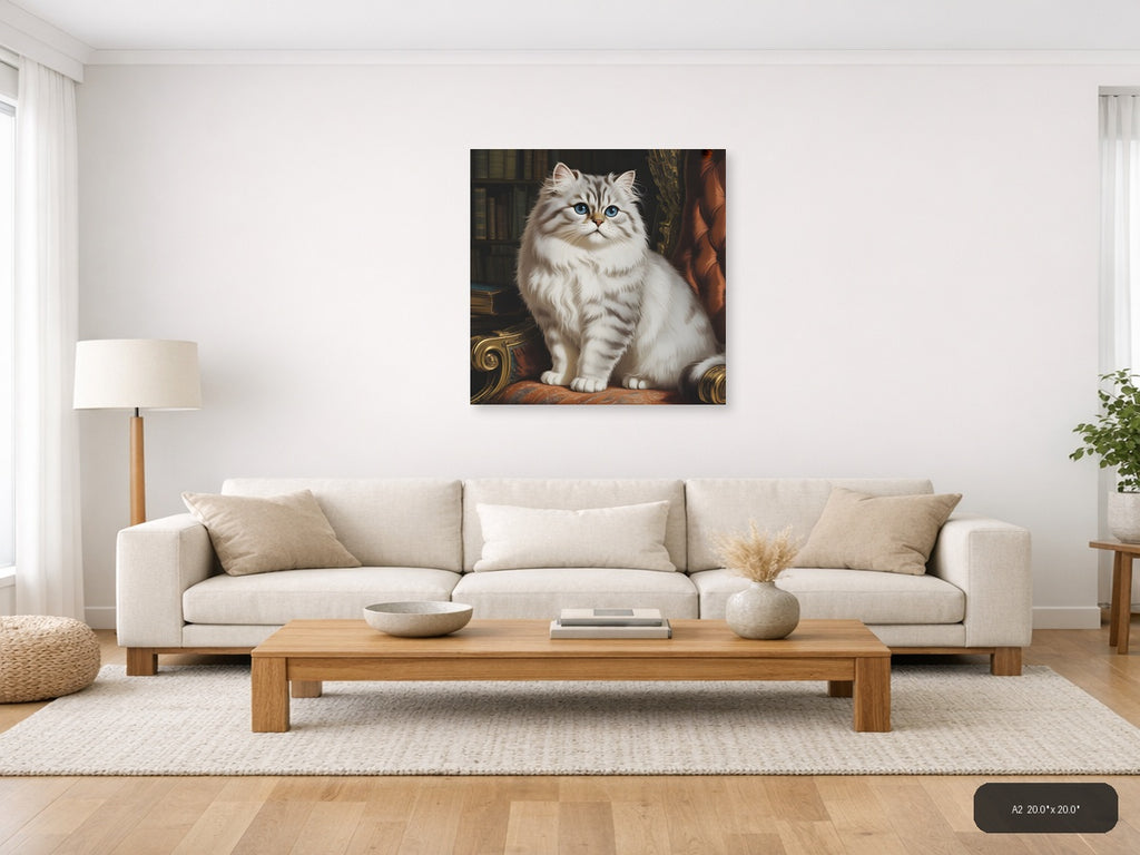 Vintage White Persian Cat Blue Eyes Library Wall Art — A2 / Living Room